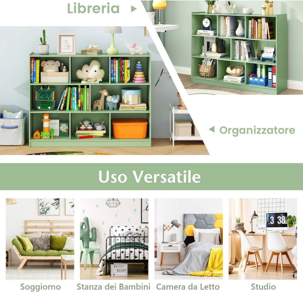 Libreria Scaffale da Terra con 8 Cubi, Libreria Multifunzione in Legno con Anti-ribaltamento, Salvaspazio per Cameretta, Soggiorno e Studio, Portata 220 kg, 122 x 32 x 93 cm (Verde)