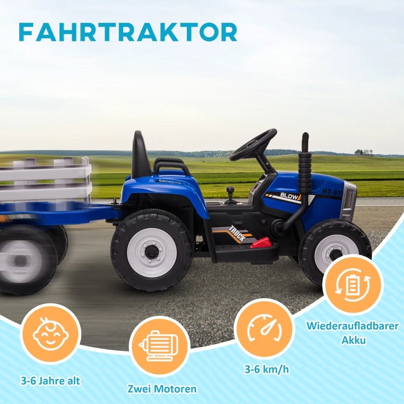 Macchina elettrica per bambini con rimorchio, telecomando, fari, 3-6 km/h, per bambini dai 3 ai 6 anni, blu