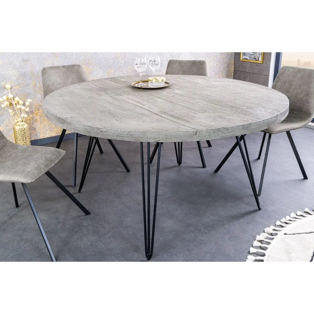 Tavolo da pranzo SILVA - Legno di mango grigio e metallo nero - 120 cm - Forma rotonda - Stile contemporaneo