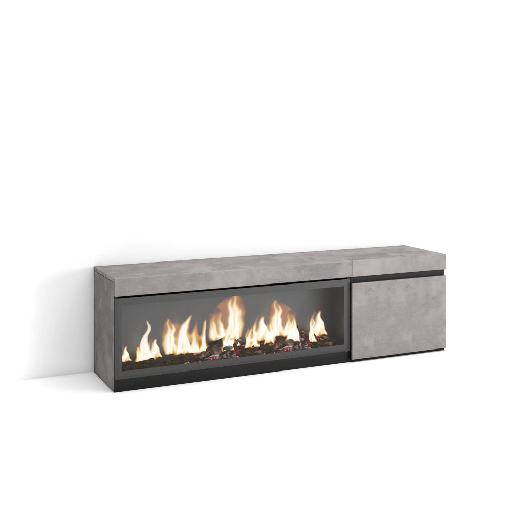 Mobile TV Soggiorno, 158x35x45cm, Per TV fino a 65", Camino elettrico XXL, grigio cemento RF3237