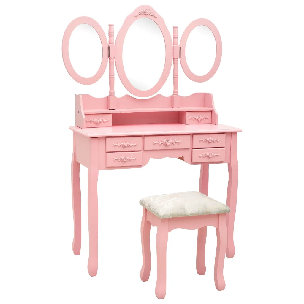 Tavolo da Trucco con Sgabello e Specchio Pieghevole in 3 Rosa cod mxl 73689