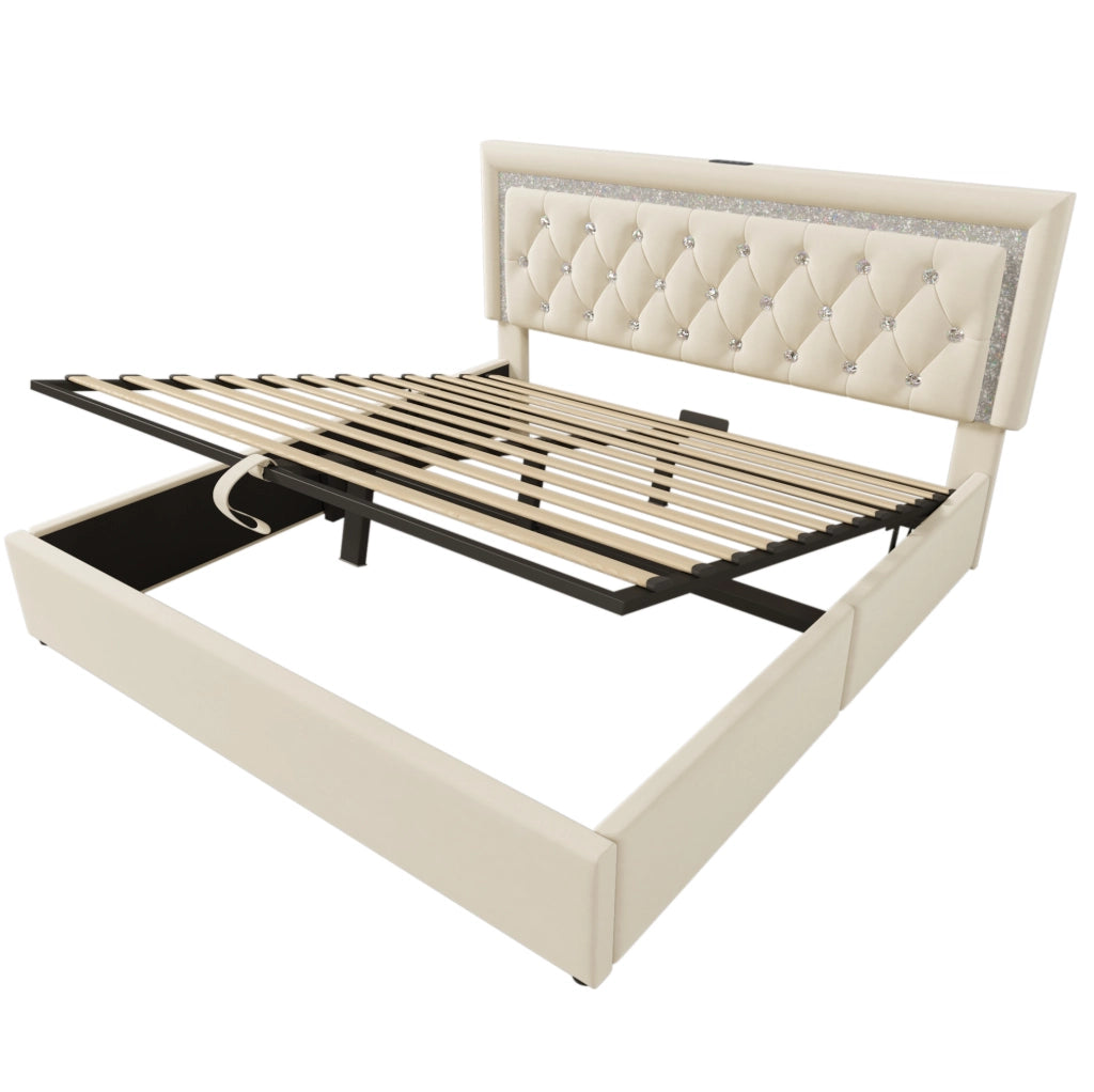 Letto imbottito 140x200 cm con contenitore; LED e ricarica USB Type-C in velluto beige