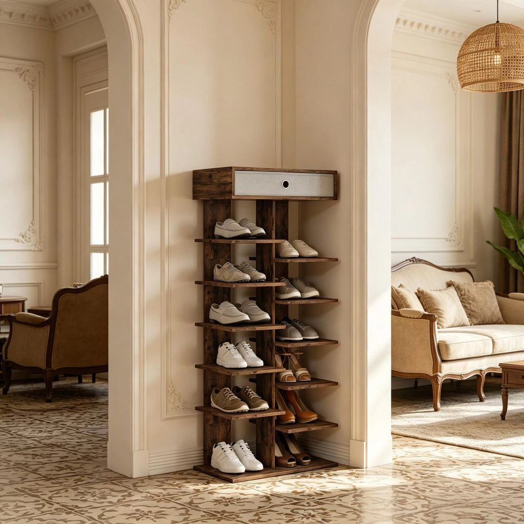SCARPIERA Salvaspazio 49,5x118x30 cm effetto legno con 12 vani e cassetto