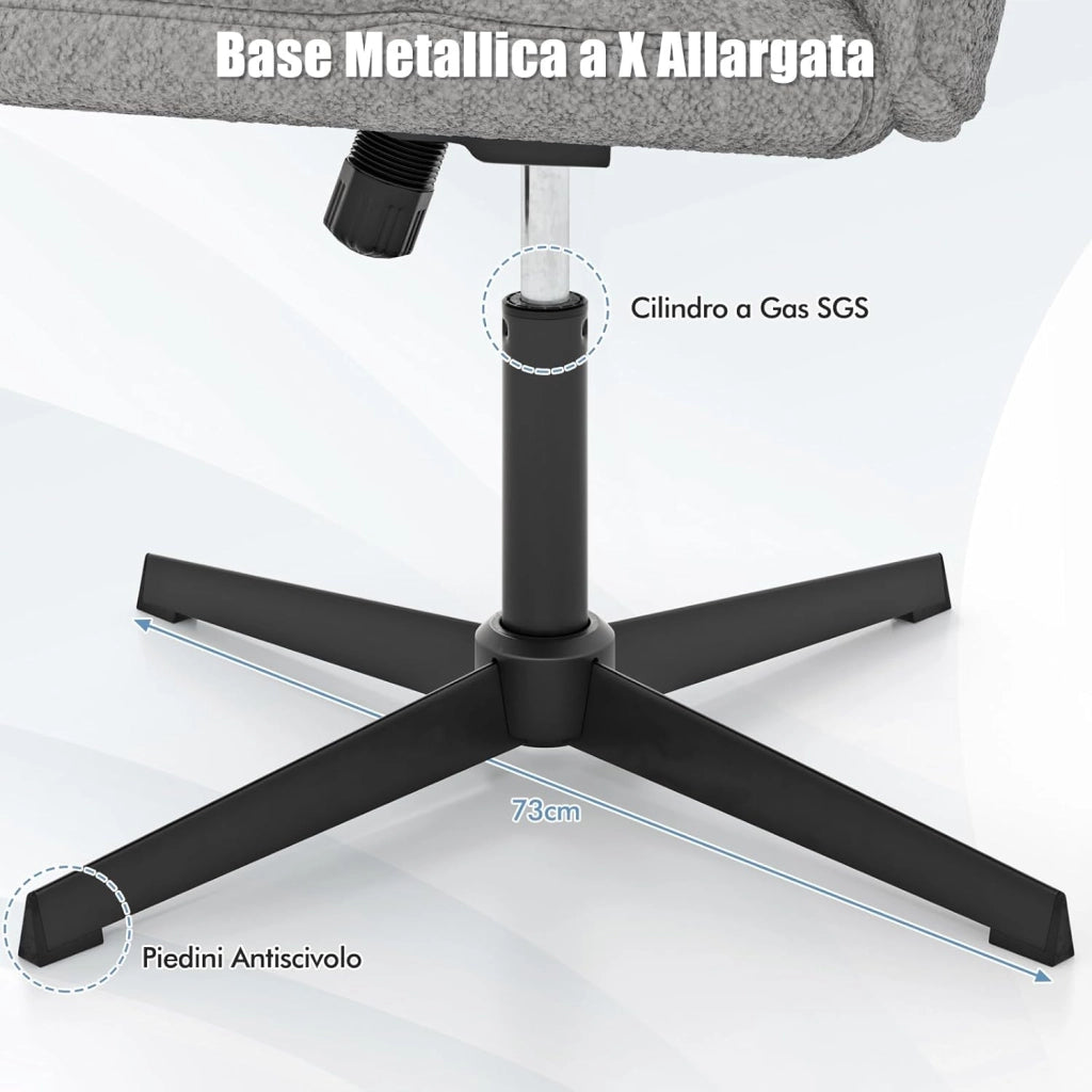 Sedia da Scrivania senza Braccioli, Sedia da Ufficio a Gambe Incrociate, Altezza Regolabile, Girevole a 360°, Tessuto Morbido, Ampia Seduta Imbottita, per Soggiorno Ufficio (Grigio)