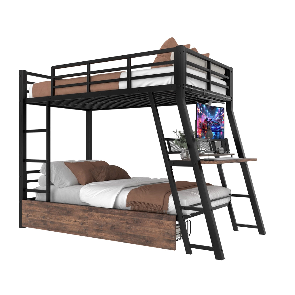 Letto a castello nero in metallo con funzione scrivania LED regolabile cassetti e parapetto 90x200cm