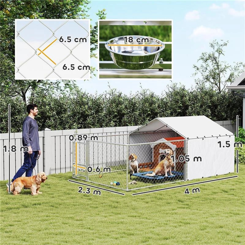 RECINTO PER CANI CON COPERTURE E CIOTOLE GIREVOLI, IN ACCIAIO E TESSUTO OXFORD, 4X2.3X1.5 M, ARGENTO