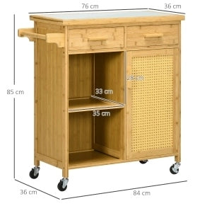 Carrello cucina 84x36x85 cm con piano in vetro; 2 cassetti; bambù naturale