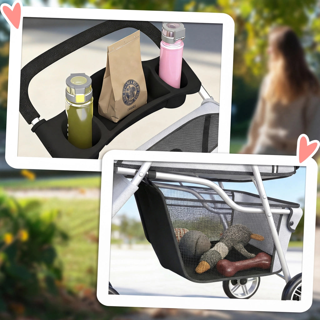 Carrello per Cani 4 Ruote Pieghevole con Coperchio Regolabile e Cestino ¨C Zephmum ¨C Grigio 77x44x102cm