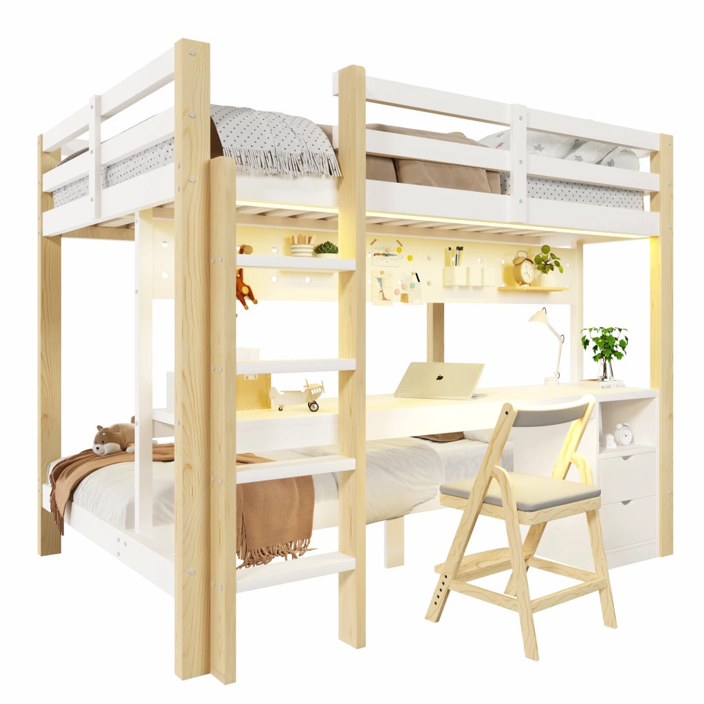 LETTO A CASTELLO 140x200/90x200 cm Pino Bianco e Naturale con cassetti e scrivania