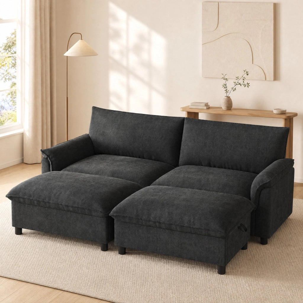 Divano modulare in chenille nero con pouf contenitore mobile, funzione letto temporanea, 216x77x82 cm
