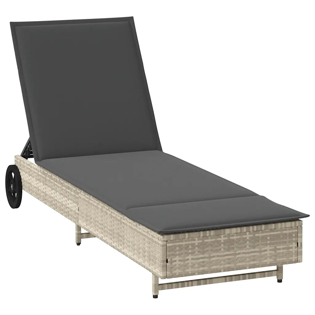 Lettino Prendisole con Ruote e Cuscino Polyrattan Grigio Chiaro 4104038