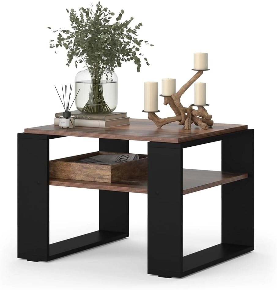 Tavolino da salotto Helm, Legno antico, 65.6 x 55.8 cm con ripiano, adatto per riporre riviste e telecomandi