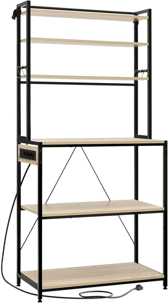 Scaffale da Cucina a 6 Livelli con Prese di Corrente, Scaffale per Microonde con Struttura in Metallo e Piano di Lavoro Aperto, Nero+Rovere Chiaro, 80x39,5x167cm