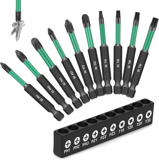 Set di 10 bit magnetici 70 mm - Zeskant 1/4 pollici - Torx Phillips Pozidriv - Per trapani elettrici e a mano