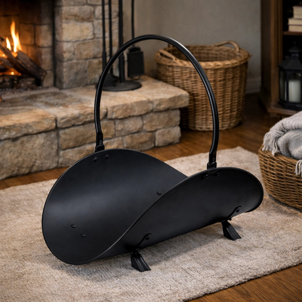 Portalegna da interno per camino 49 x 36 x H 43 cm – Nero con manico ad arco