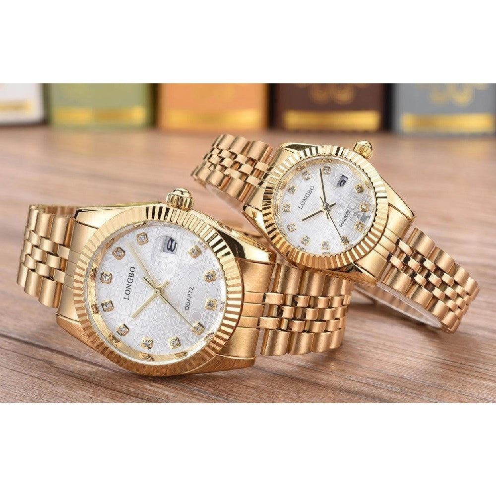 Trade Shop - Orologio Uomo Donna Longbo 80435 In Acciaio Con Strass Impermeabile Dorato Bianco -