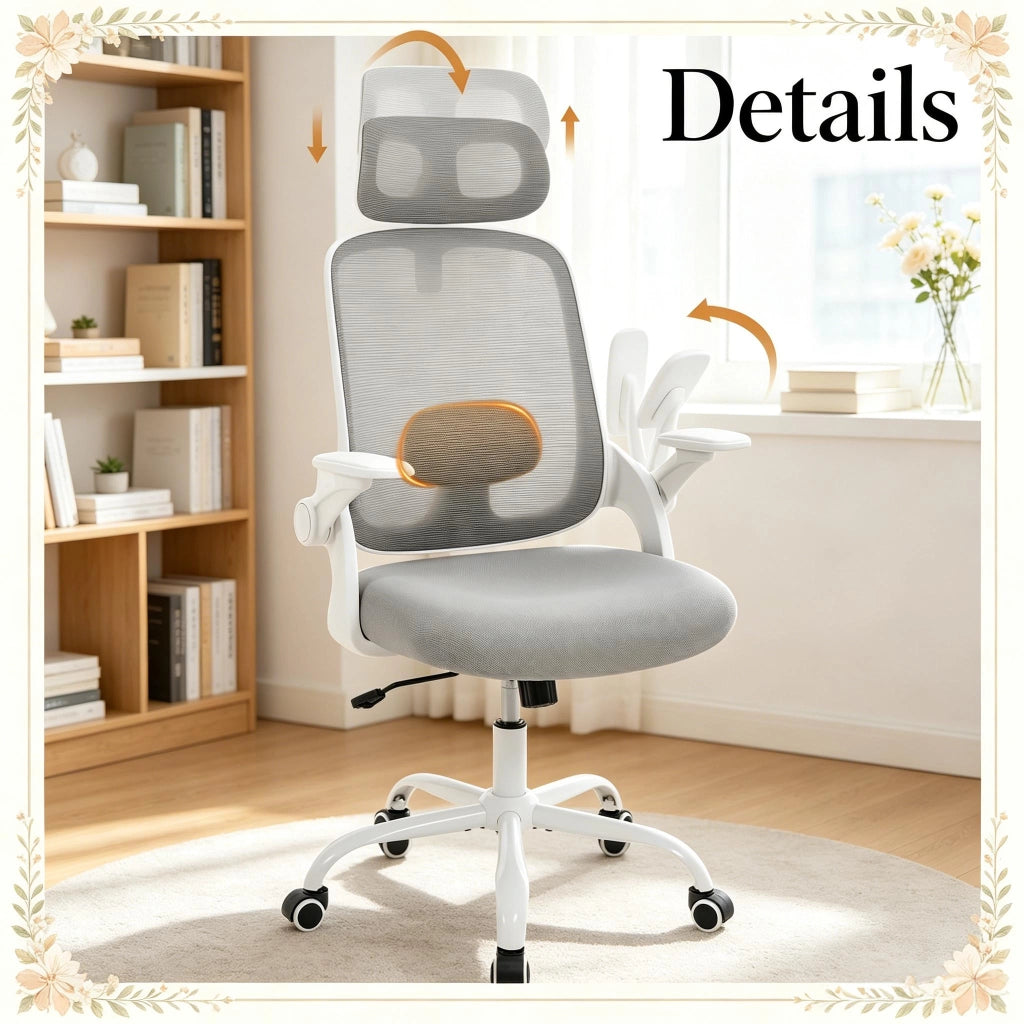 Sedia da ufficio ergonomica con schienale alto e braccioli 3D in rete e metallo grigio chiaro