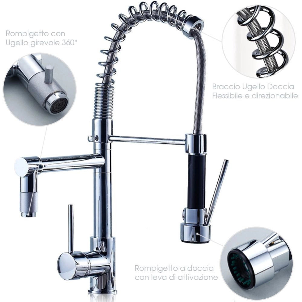 Trade Shop - Rubinetto Lavabo Cucina Canna Alta Doppio Miscelatore Monocomando Estraibile -