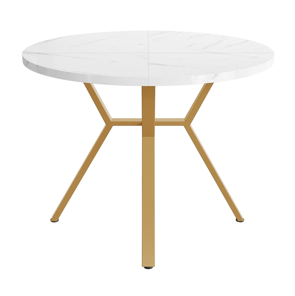 Tavolo da pranzo rotondo 100 cm; MDF effetto marmo bianco con struttura in metallo dorato