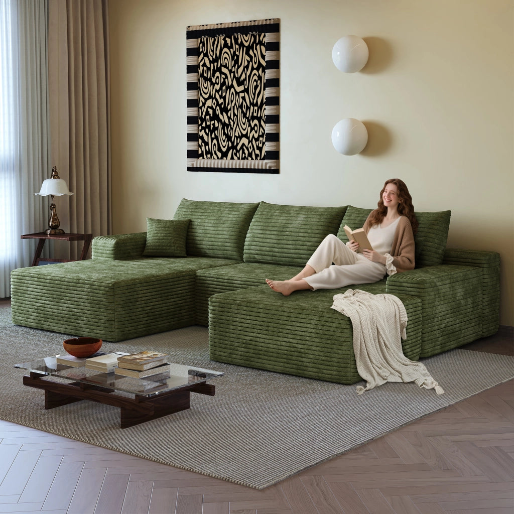 Divano angolare modulare con chaise longue a L in tessuto a coste, schiuma ad alta elasticità, verde per soggiorno