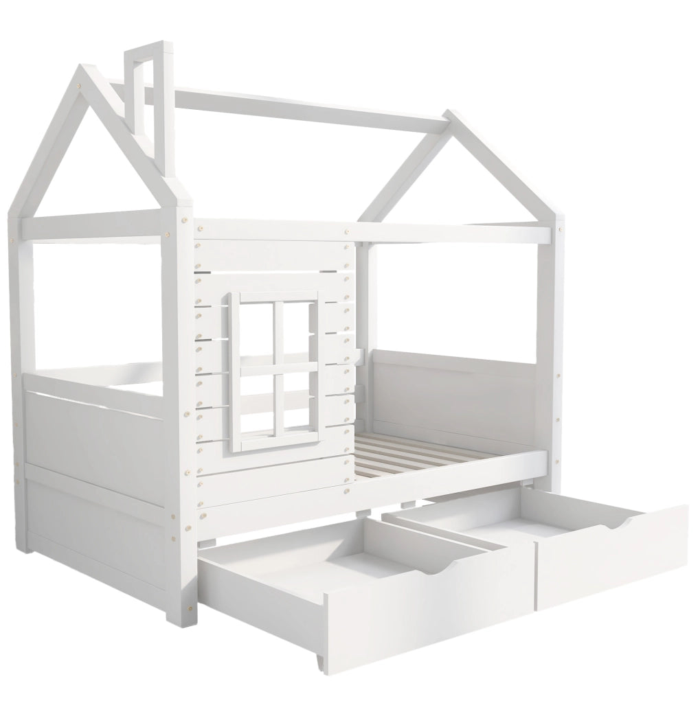 Letto per bambini a casetta 80x160 cm in legno massello di pino; bianco; con finestre e cassetti