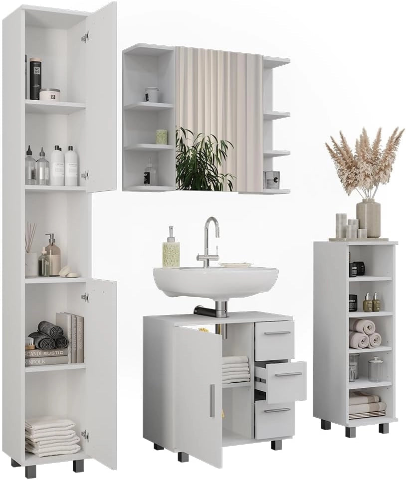 Set di mobili da bagno Ilias, Bianco, 60.2 cm, composto da mobile lavabo, pensile a specchio, colonna e base media