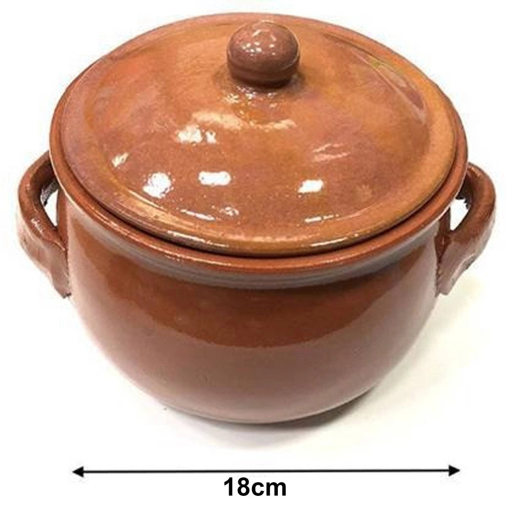 Trade Shop - Pentola Tegame In Terracotta Bombata Con Manici E Coperchio Da Forno Cottura 18 -