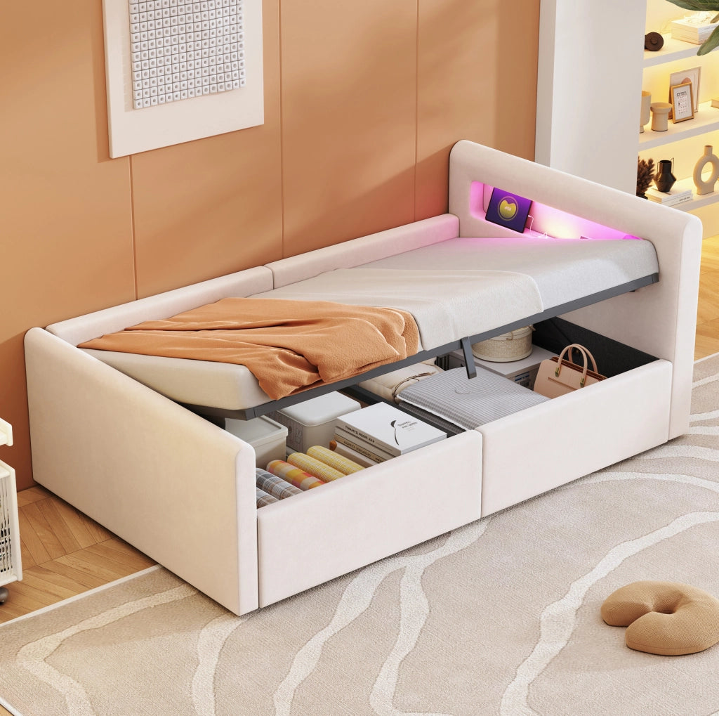 Letto imbottito 90x200 cm con LED; luce notturna; USB e contenitore in velluto beige