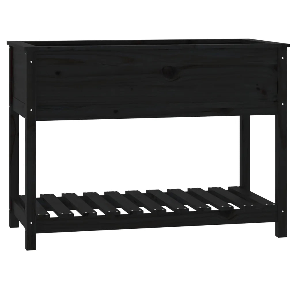 Fioriera con Mensola-Vaso con Ripiano-Contenitore per Piante Nera 111,5x54x81cm Legno Massello di Pino