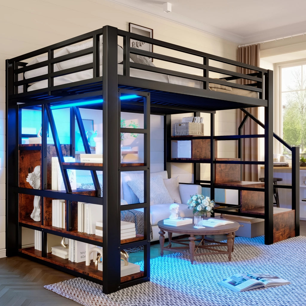 Letto a soppalco 140x200 cm nero in metallo e MDF con LED, scaffali e scala contenitore
