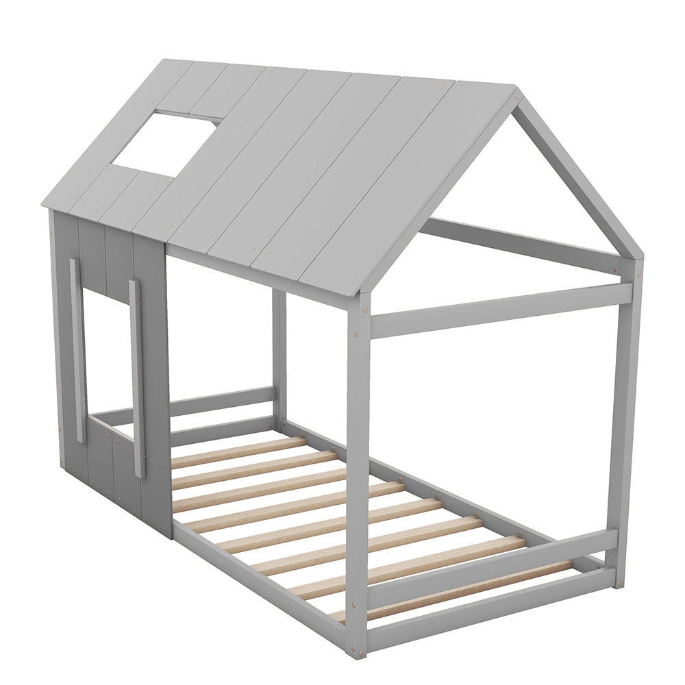 Letto a castello per bambini - Xylo - 90x200 cm - Grigio - Forma casa con tetto e finestra