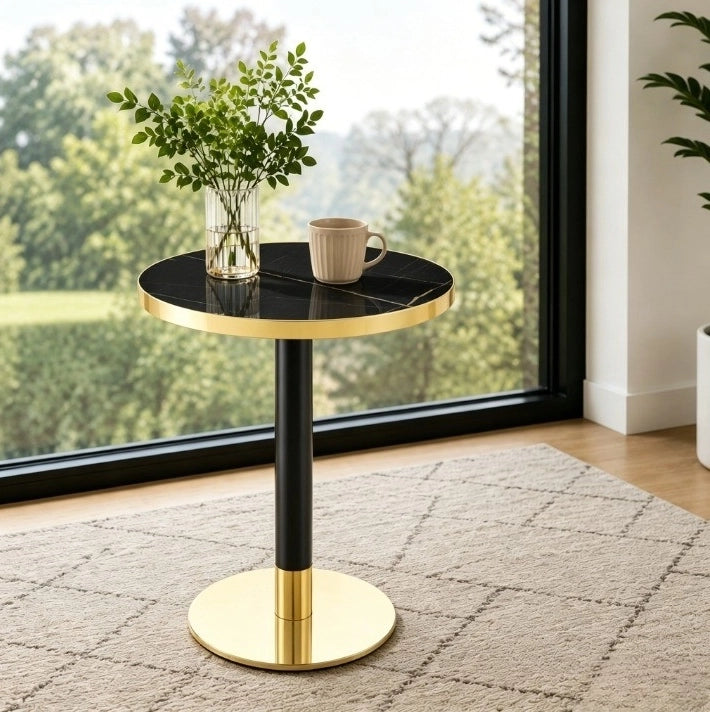 Tavolino rotondo da salotto in MDF effetto marmo nero; struttura in metallo; ? 60 cm H 73;7 cm