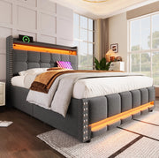 Letto imbottito 160x200 cm con contenitore; LED e USB in tessuto di lino grigio
