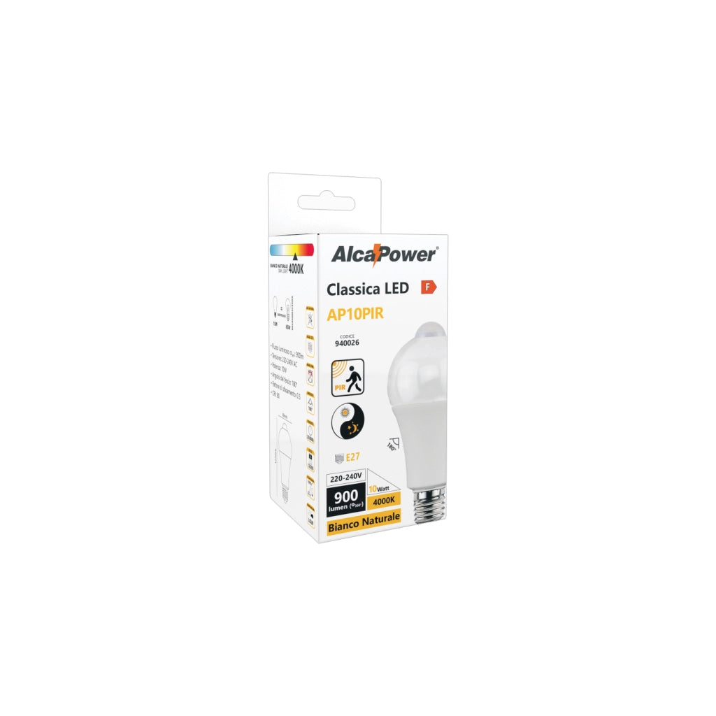 Alcapower Lampadina LED Classica E27 10W 900lm 4000K con Sensore di Movimento PIR e Luce Integrato, Efficienza Energetica Classe F, Ideale Interni