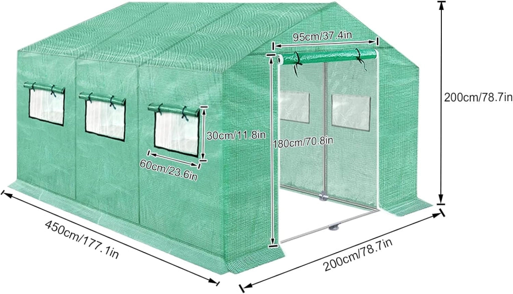 Serra da giardino in pellicola, 4,5 x 2 x 2 m, con porta e lontano, per pomodori, per piante da giardino, verde