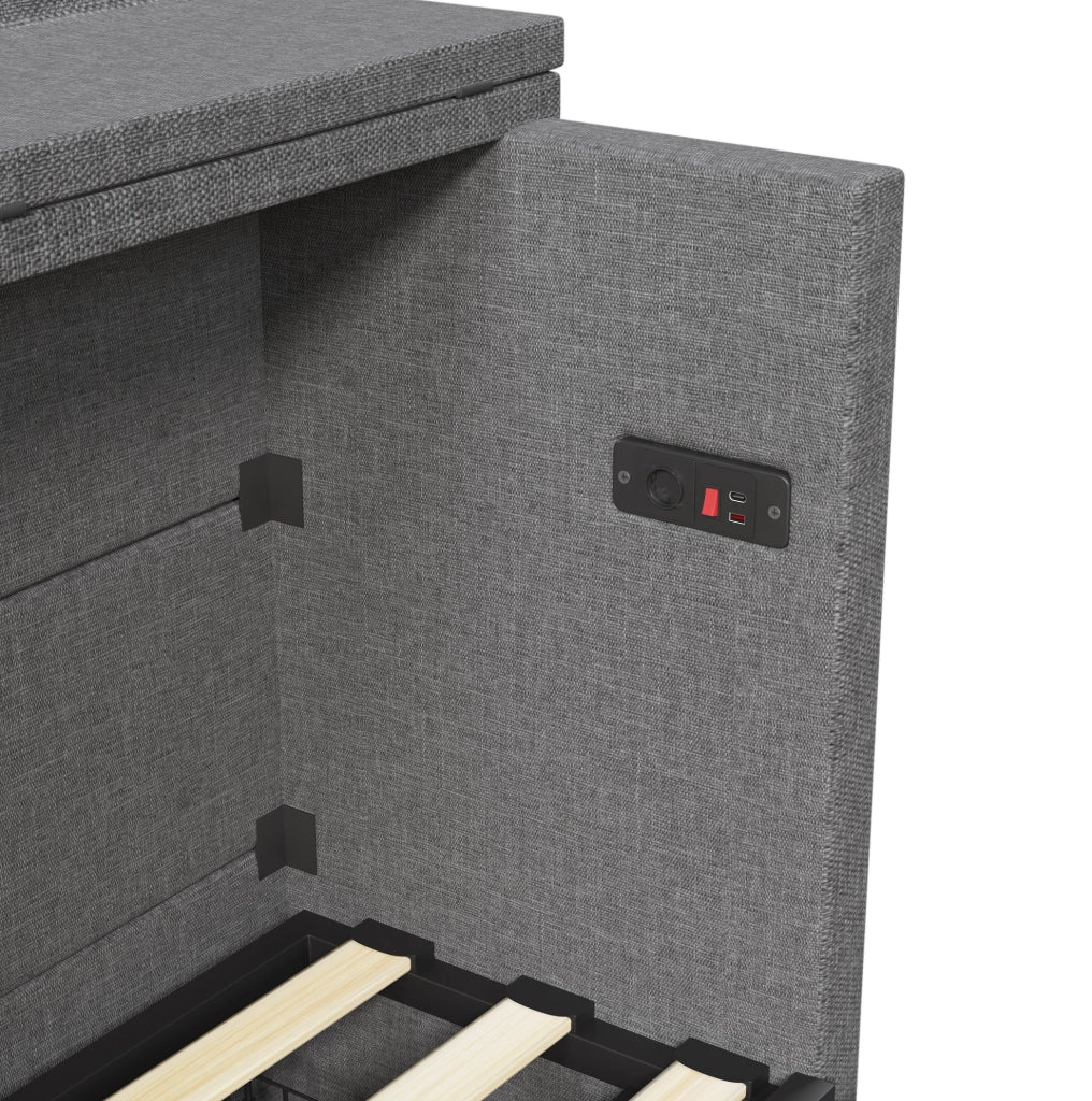 Letto a scomparsa 140x200 con porta USB e Type-C; cassetto e design salvaspazio in lino e MDF grigio