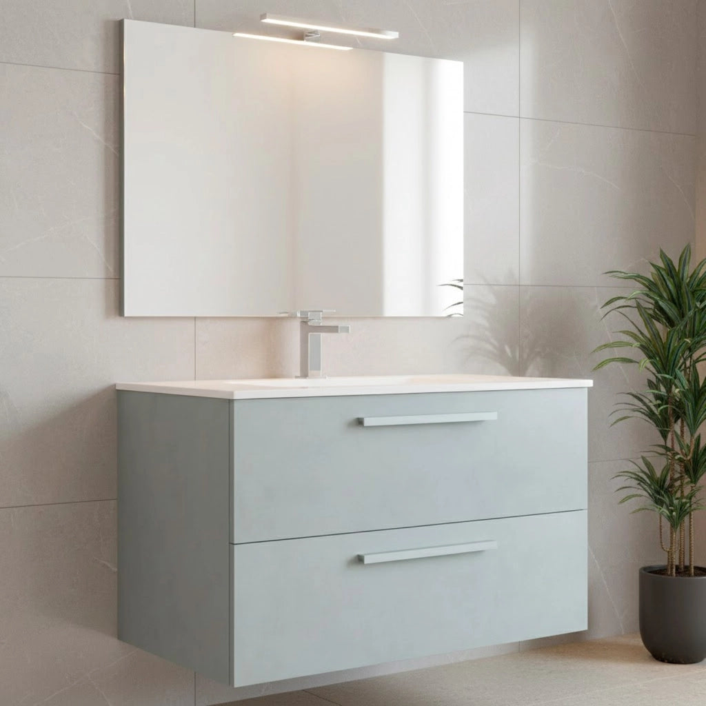 Mobile Bagno Sospeso Con 2 Cassettoni Con Sistema Soft Close Lavandino In Ceramica E Specchio Led Da 30 Cm Design Moderno 57 X 80 X 45 Cm Colore Grigio Cemento