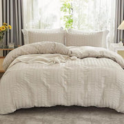 Duvet 135 x 200 cm 2 pezzi in beige con righe di rilievo e texture Piumino microfibra liscio con chiusura a cerniera e 1 cuscino 80 x 80 cm