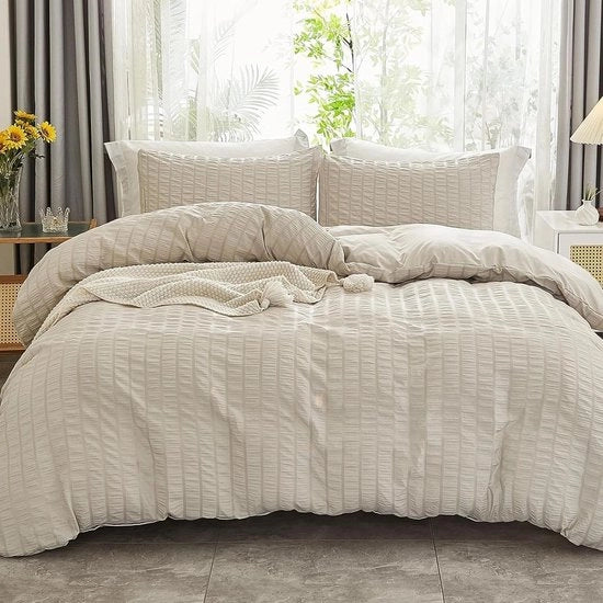 Duvet 135 x 200 cm 2 pezzi in beige con righe di rilievo e texture Piumino microfibra liscio con chiusura a cerniera e 1 cuscino 80 x 80 cm