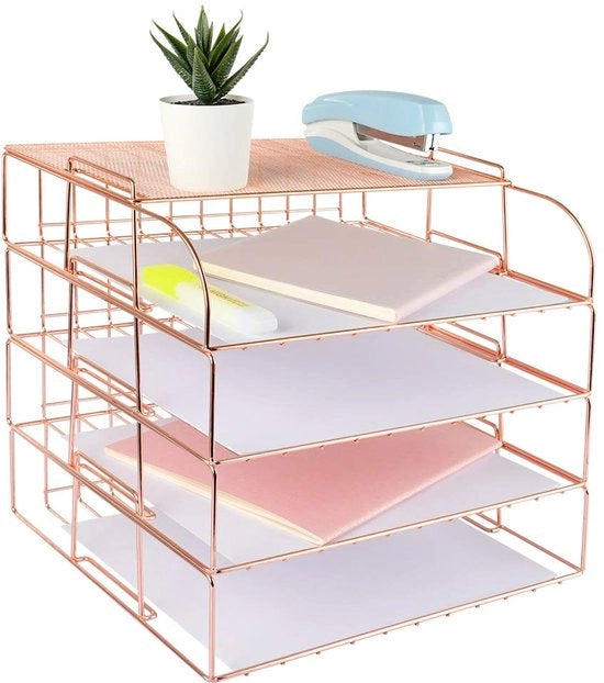 Organizzatore per scrivania 4 strati, rosé dorato, con accessori per donne, cassetto per documenti con 1 ripiano superiore