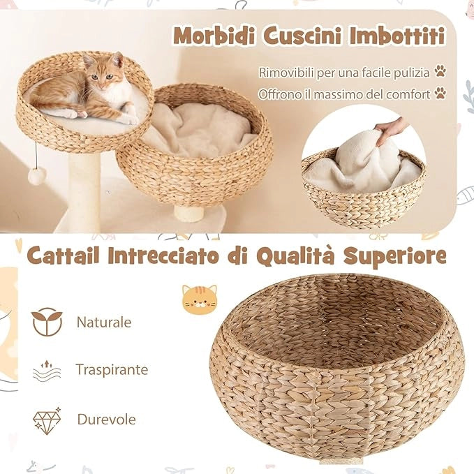 Tiragraffi per Gatti Piccoli, Tiragraffi con Cuccia, Piattaforma, Pallina e Palo in Sisal Naturale, Albero per Gatti da Divano, Salotto e Camera da Letto (Bianco)
