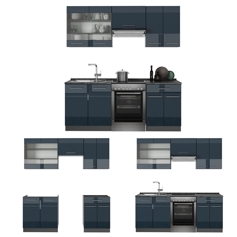 Mobili da cucina Fame-Line Blu scuro lucido/Antracite 200 cm, PL Rovere Vicco
