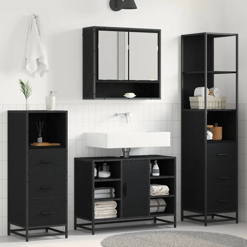 Set di mobili per il Bagno | Armadio da bagno 3 pz Rovere Nero Legno multistrato