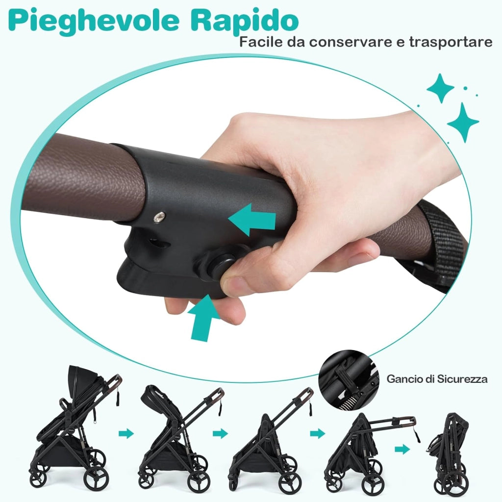 2 in 1 Passeggino Leggero Pieghevole per Bambini, con Schienale Regolabile, Sedile Reversibile, Tettuccio, Cestello Portaoeggetti, per Neonati per 0-36 Mesi (Nero)