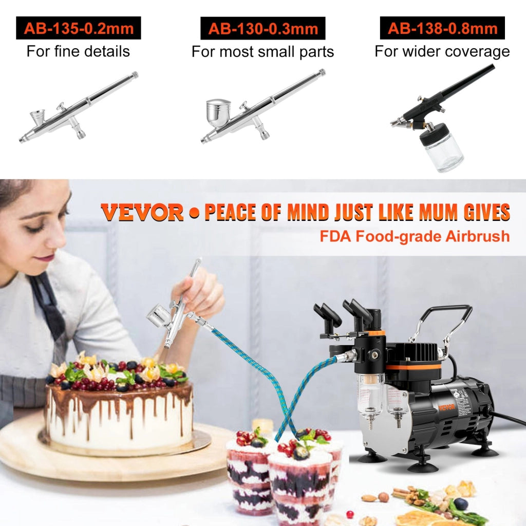 Kit Compressore con Aerografo a Doppia Azione 120W Flusso 18-23 L/min Ugelli 0.2 0.3 0.8 mm per Fai da Te e Bricolage