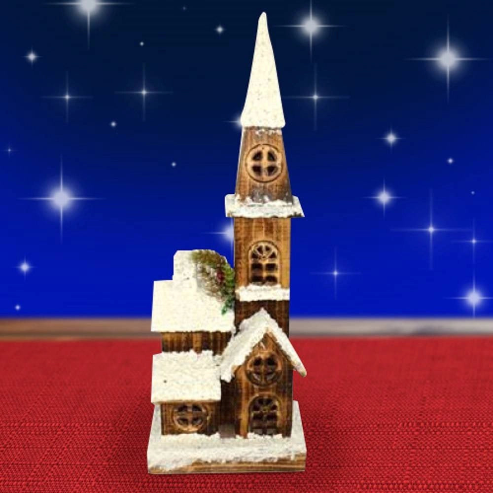 Trade Shop - Campanile Legno Innevato Con Luci Gialle Altezza 54 Cm Decorazioni Natalizie -