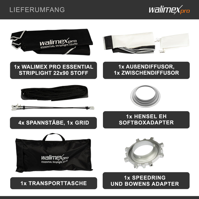 Essential Striplight Softbox 22x90cm + adattatore softbox per Hensel Expert, ruotabile a 360°, facile da montare, adattatore Bowens e borsa per il trasporto