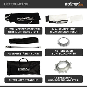 Essential Striplight Softbox 22x90cm + adattatore softbox per Hensel Expert, ruotabile a 360°, facile da montare, adattatore Bowens e borsa per il trasporto