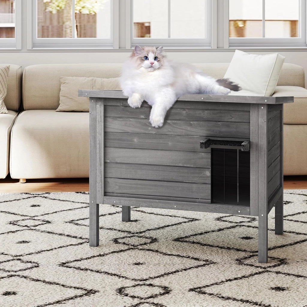 Cuccia per Gatti da Esterno Inverno, Cassetta per Gatti Impermeabile in Legno con Isolamento in Schiuma, 2 Comparti Spaziosi, Tetto Apribile in Asphalt e Porta, 88 x 55 x 71 cm (Grigio)
