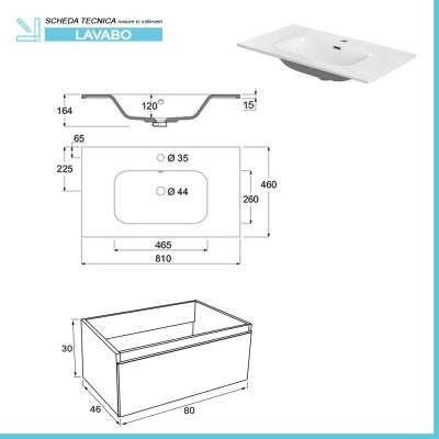 Mobile sospeso 80 cm bianco lucido con lavabo incasso e specchio Iside